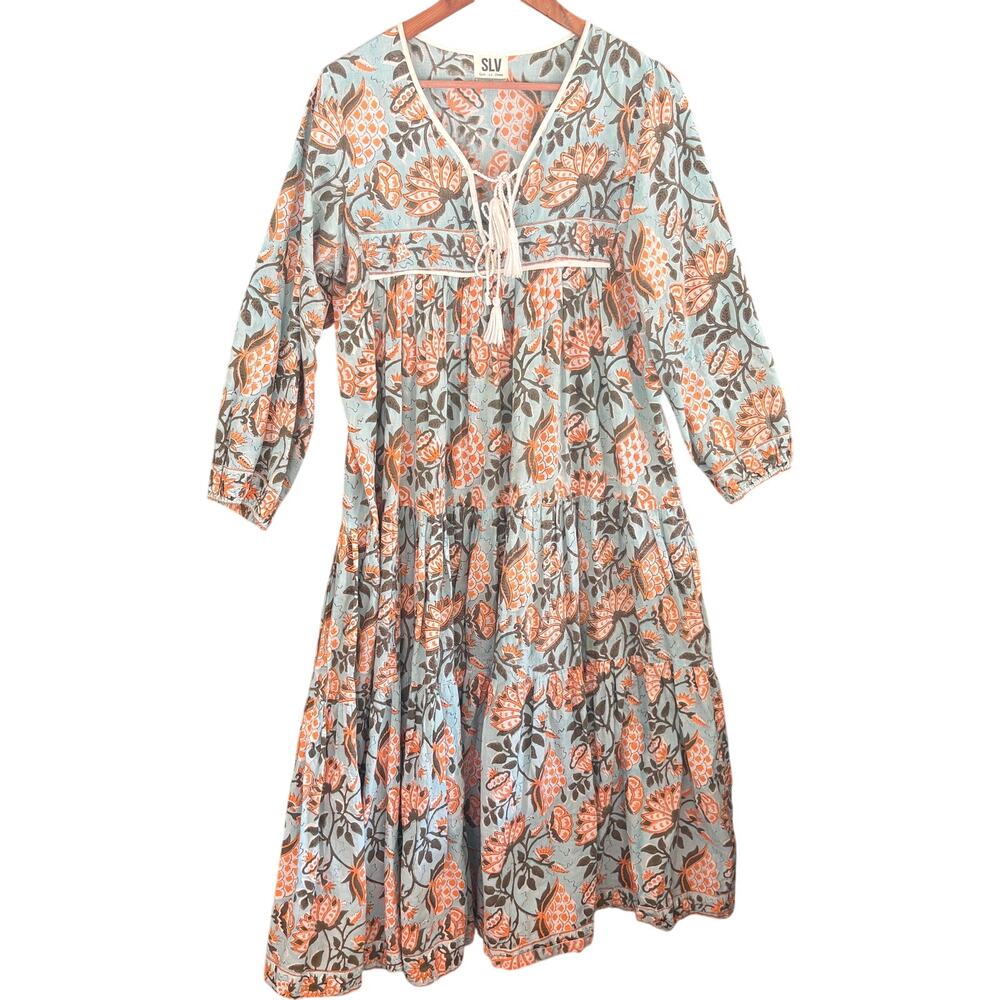 Sur La Vague Iris Tier Maxi Caftan Dress S Floral Block Print Maxi Western Boho